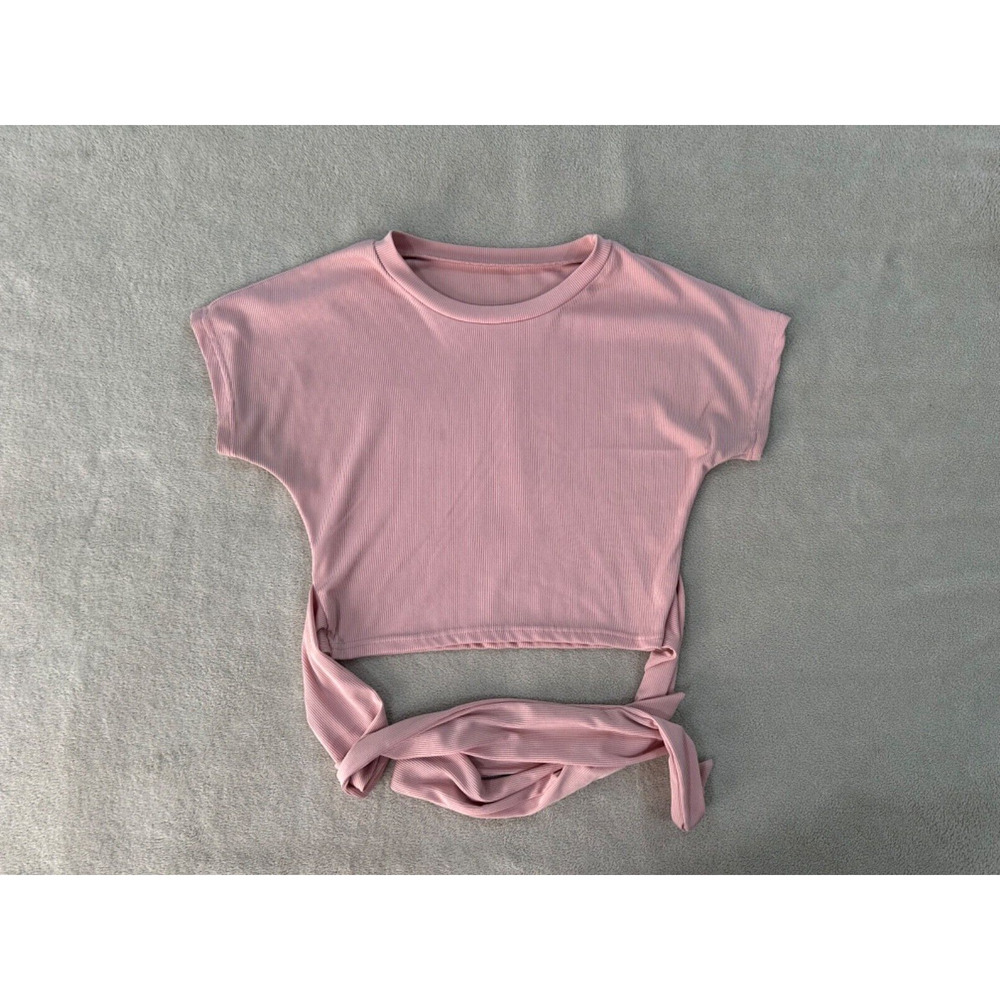 Shein Womens Baby Pink Solid Ribbed Cropped Waist Tie Short Sleeve Blouse Size M